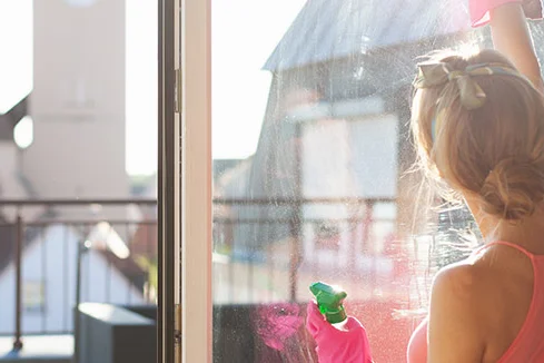 Person reinigt Fenster mit Sprühflasche